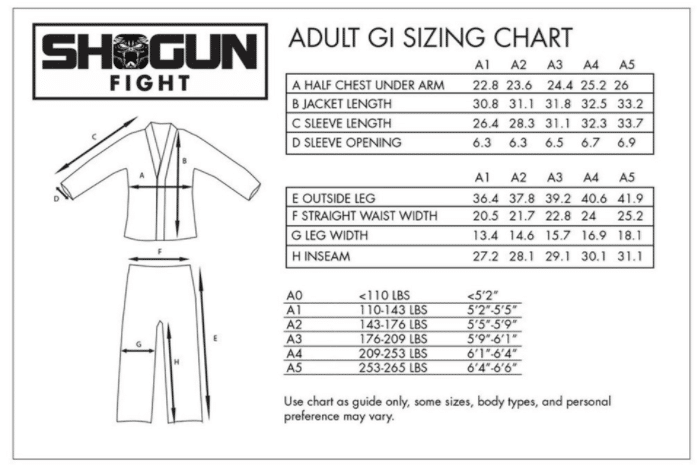 Shogun Gi Size Chart