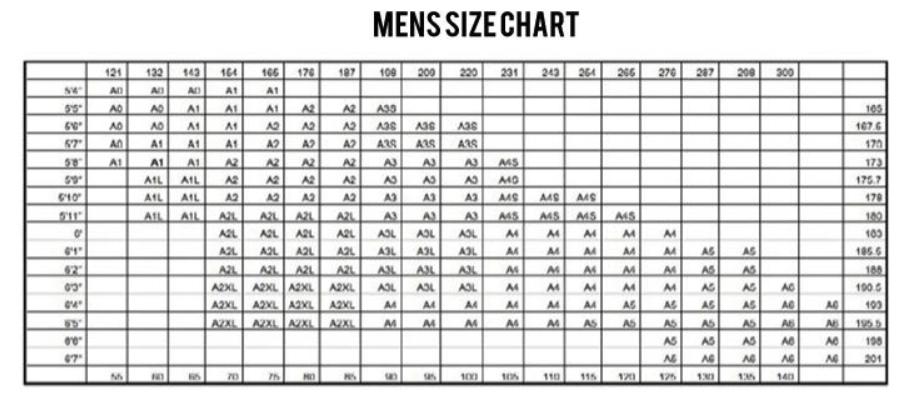 Tatami Estilo Gi Size Chart